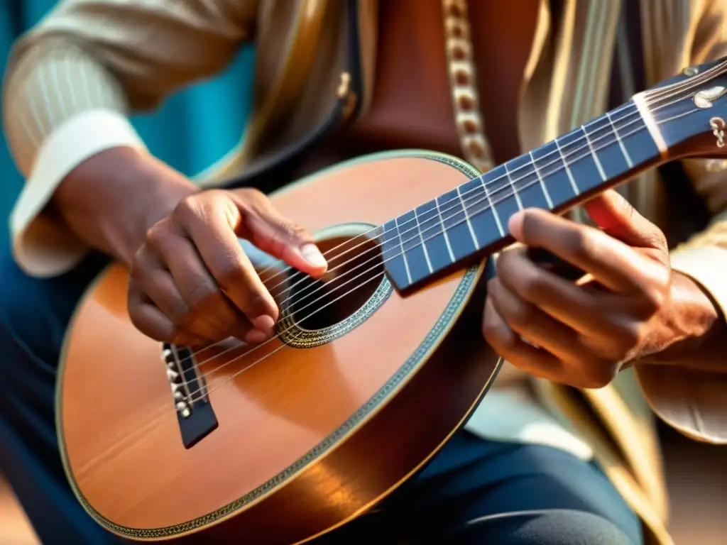 Un músico experto toca el charango con pasión en un festival de música andina, mostrando la artesanía del instrumento y la emoción cultural