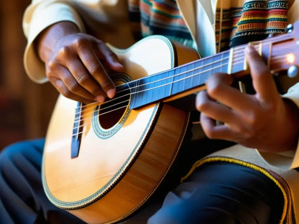 Un músico experto toca el charango entre instrumentos andinos, iluminado por suaves luces naturales