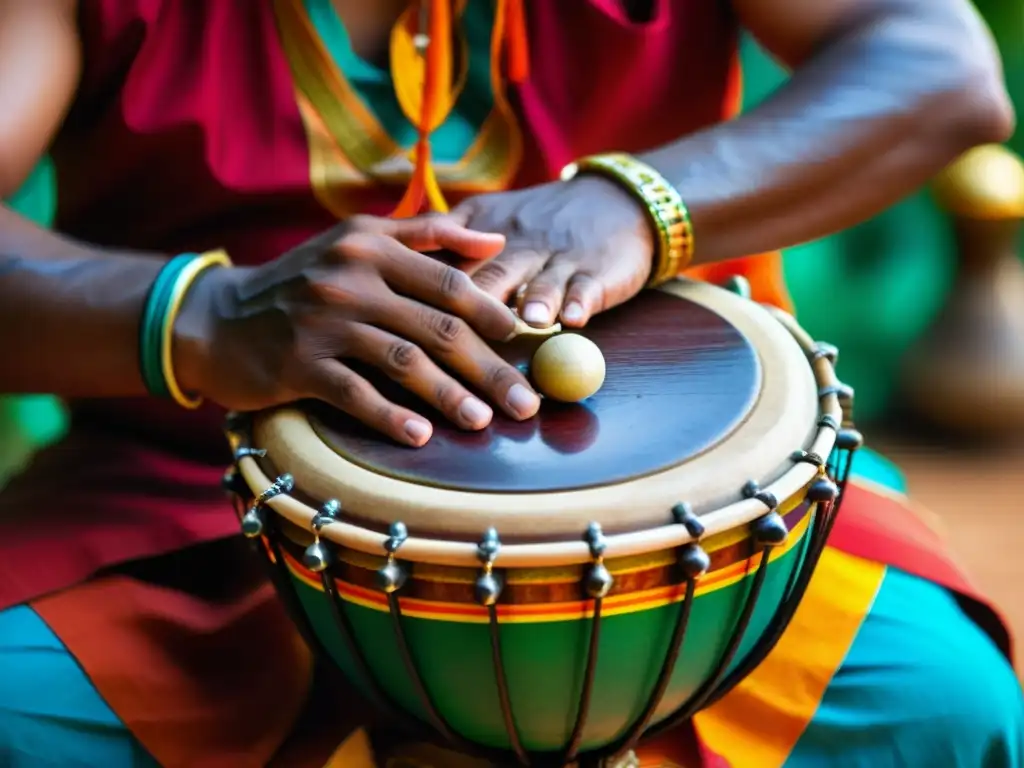 Un músico experto toca el chenda, un tambor tradicional de la India, con movimientos precisos y vibrantes colores