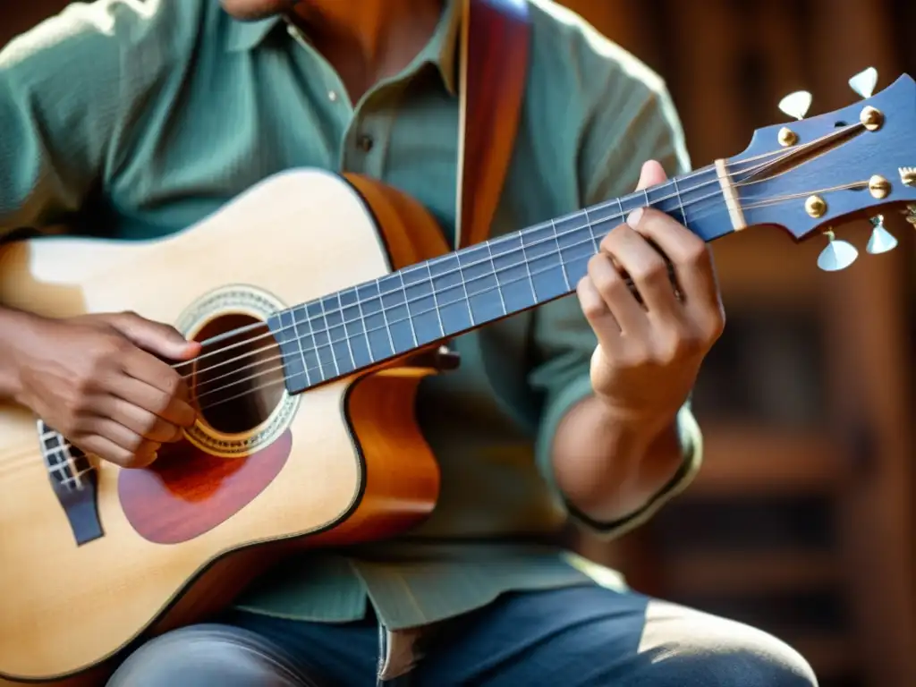 Un músico experto toca con pasión un Guitarrón Chileno bajo acústico, resaltando su belleza en una atmósfera tradicional chilena