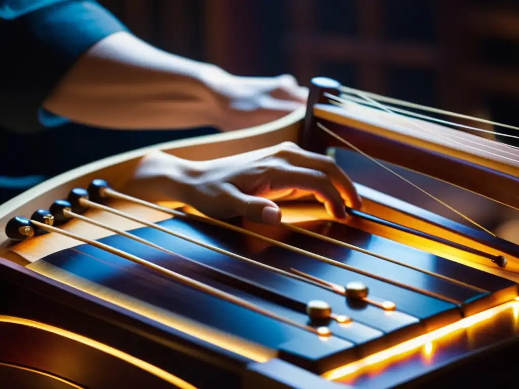 Un músico experto toca un Guzheng chino, resaltando sus detalles y sonido resonante en una atmósfera cautivadora