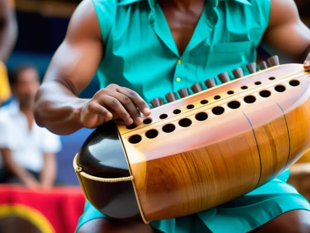 Un músico experto toca una chirimía durante el Festival Petronio Álvarez, resaltando la artesanía detallada y los colores vibrantes del instrumento