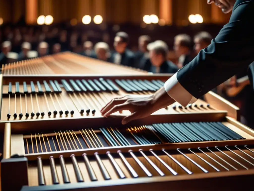 Un músico experto toca un címbalo en un escenario majestuoso, con una orquesta sinfónica al fondo