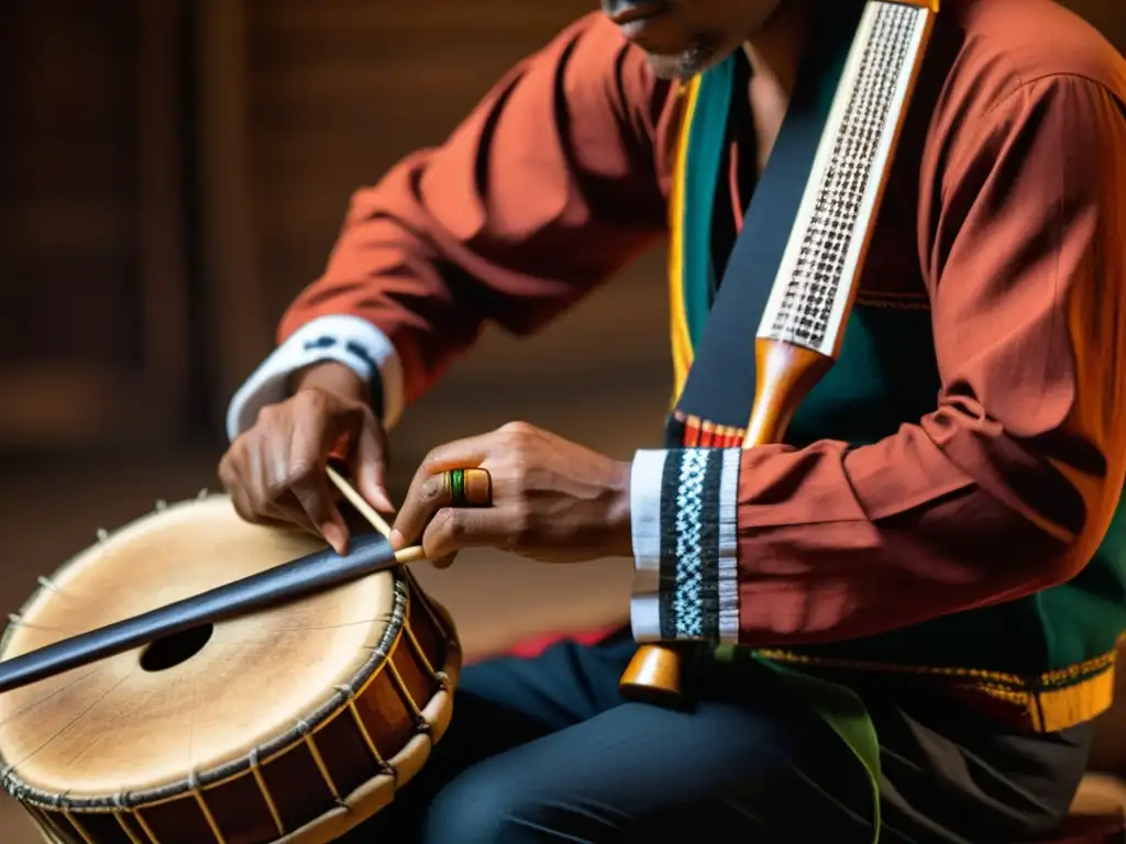 Un músico experto toca el Tiple colombiano en un ambiente íntimo y tenue, capturando la rica herencia cultural y la historia del folklore colombiano