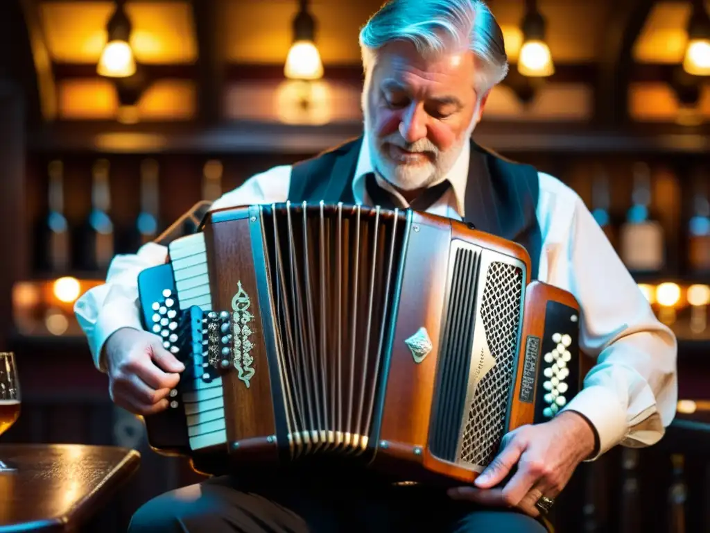 Un músico experto toca una concertina en un tradicional pub inglés, ambientado por una cálida iluminación