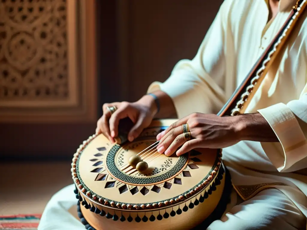 Un músico experto toca un kanun en un conjunto musical tradicional del Medio Oriente, capturando la historia y sonido del kanun