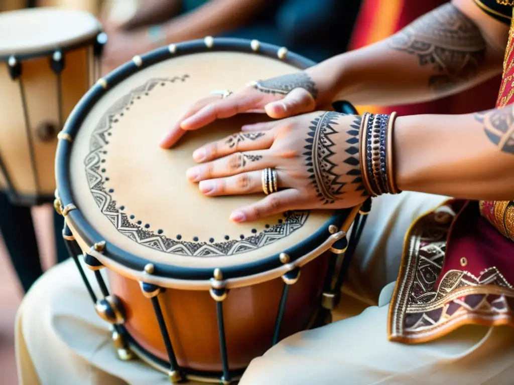 Un músico experto toca el tambor de cuadro español con pasión, mostrando técnicas tradicionales