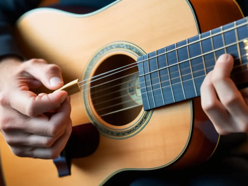 Un músico experto toca las cuerdas de una guitarra clásica, revelando la precisión y arte en la grabación de instrumentos de cuerda