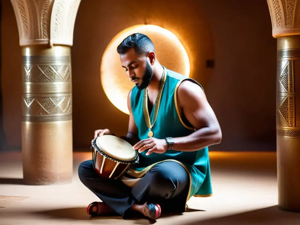 Un músico experto toca la darbuka y bendir en un entorno tradicional, con expresiones de concentración