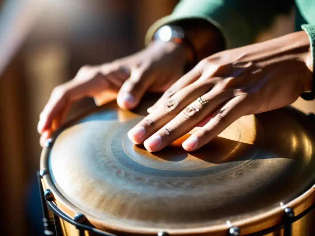 Un músico experto tocando un hang drum con destreza, bañado en cálida luz natural