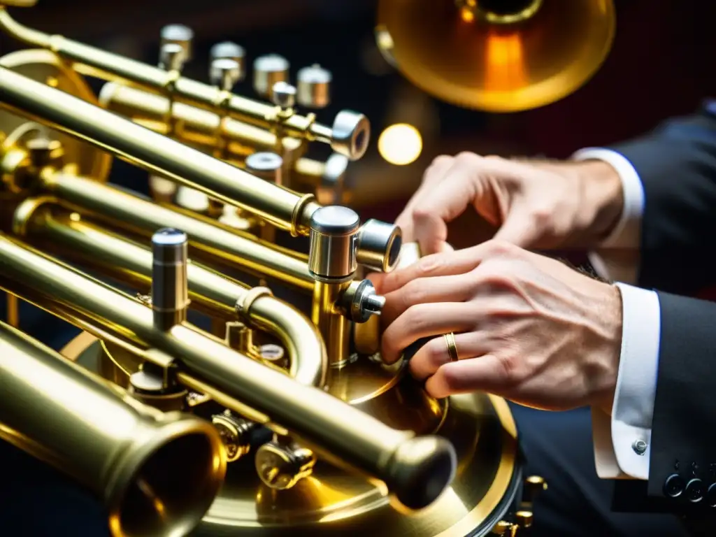 Un músico experto toca con destreza el bombardino, mostrando la riqueza cultural y musical del instrumento