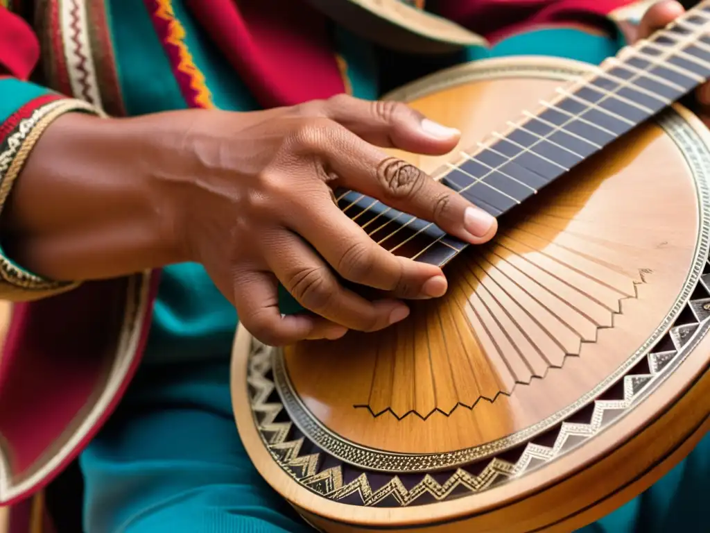 Un músico experto toca con destreza el charango, instrumento andino, mientras sus manos presionan las cuerdas con delicadeza