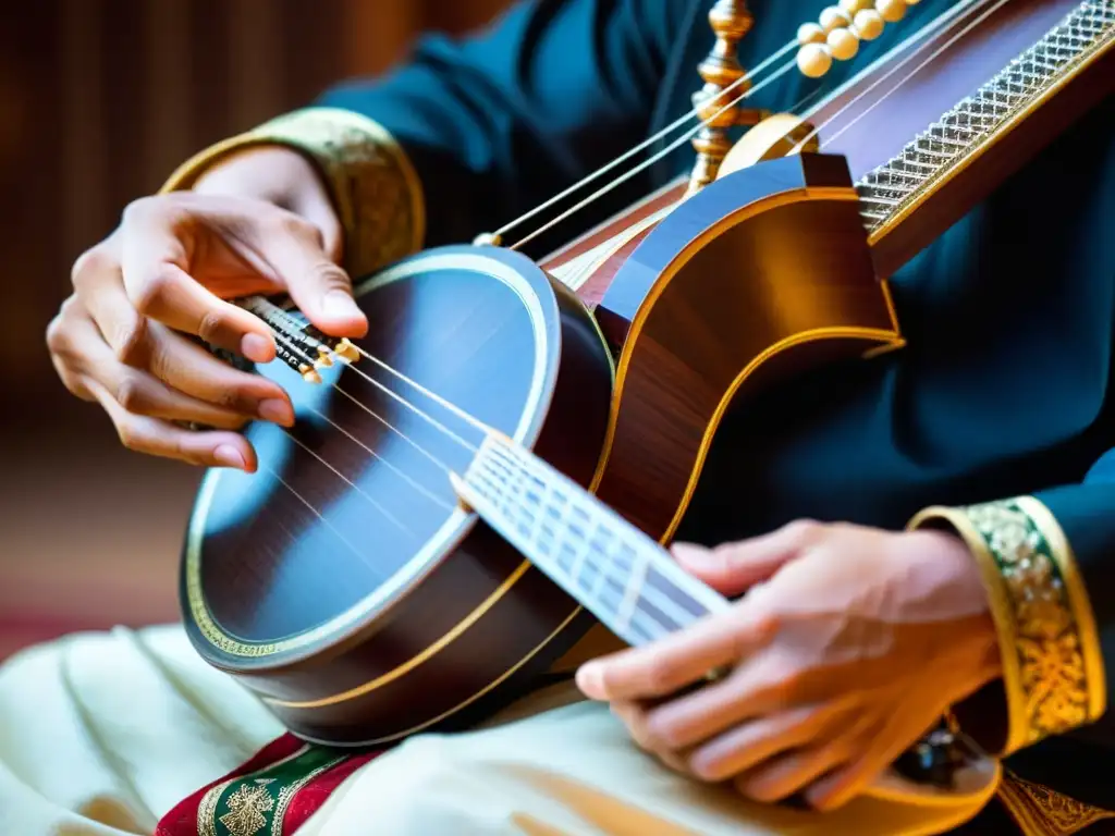 Un músico experto toca el rebab con destreza, resaltando los detalles del instrumento y su expresión concentrada