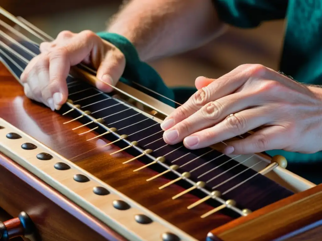 Un músico experto toca con destreza el dulcémele Apalaches, evocando música espiritual y tradición cultural