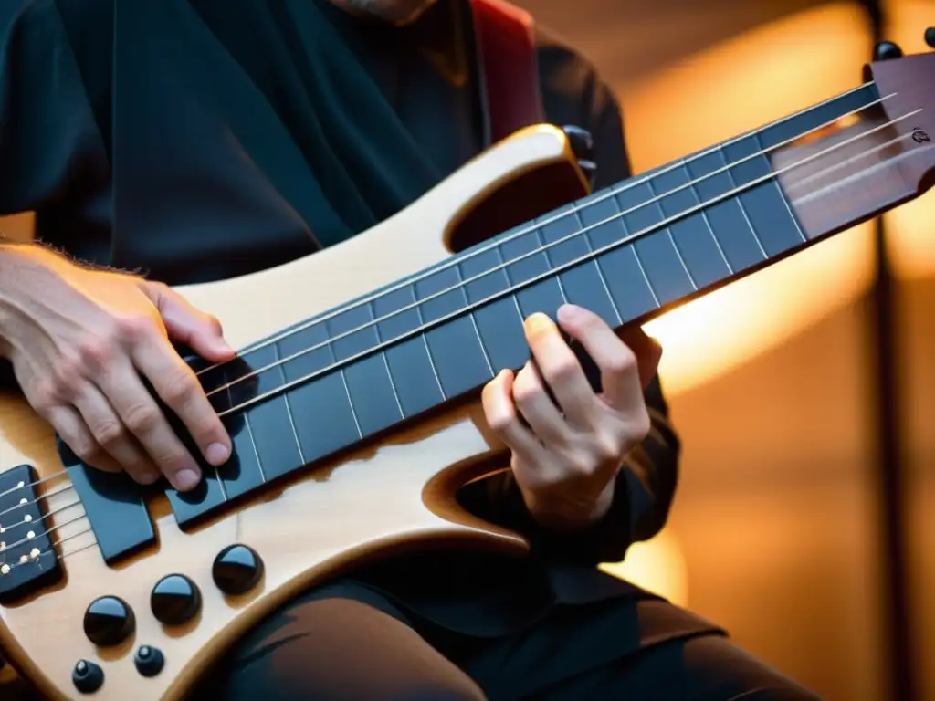 Un músico experto toca con destreza un Chapman Stick, destacando la pasión y habilidad en la fusión de bajo y guitarra