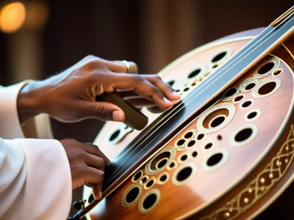 Un músico experto toca el rebab árabe con destreza, mostrando la historia y sonido del instrumento en sus manos y su expresión concentrada