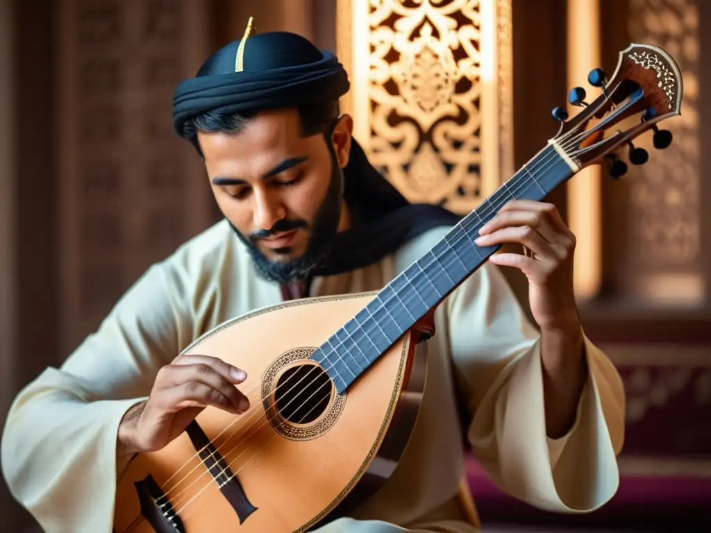 Un músico experto toca el Oud árabe con pasión, destreza y una iluminación dramática que resalta la belleza del instrumento