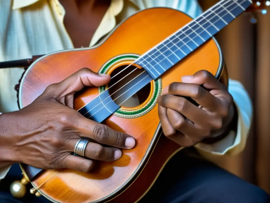 Un músico experto toca el cavaquinho, mostrando pasión y destreza, en un íntimo escenario de música brasileña