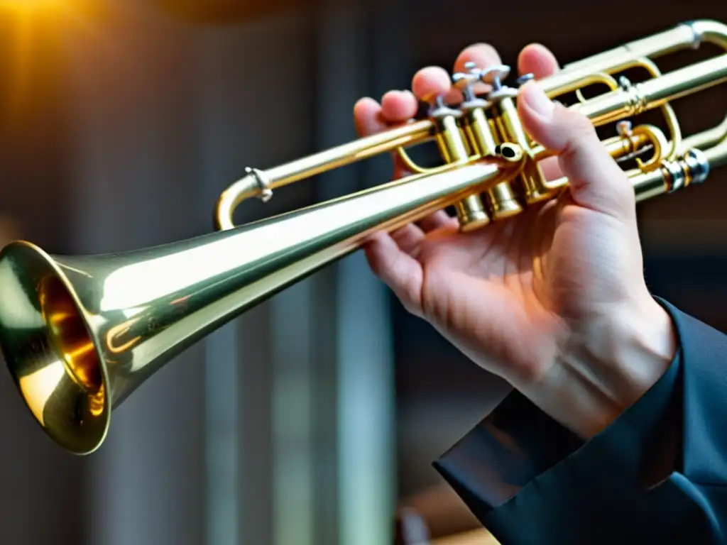 Un músico experto ajusta con destreza un mute en la trompeta de latón, rodeado de instrumentos musicales y partituras