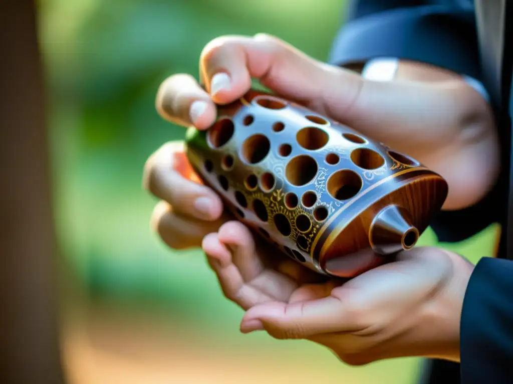 Un músico experto sostiene con destreza una ocarina tallada con elegancia, listo para tocar una melodía encantadora