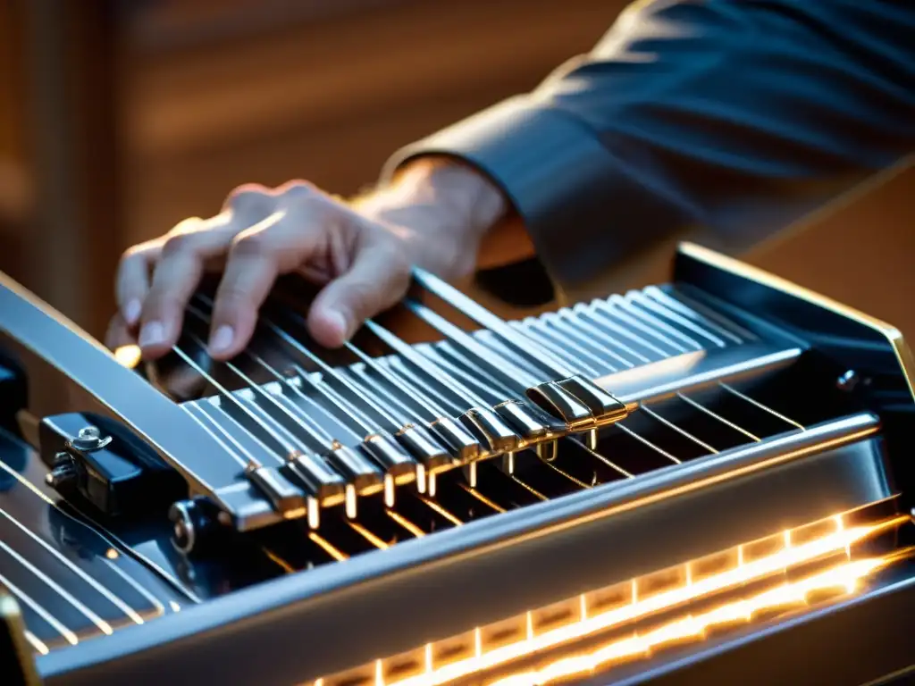 Un músico experto toca con destreza el pedal steel guitar, revelando el origen y evolución del instrumento en la música country