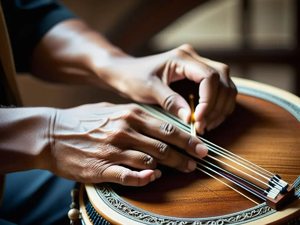 Un músico experto toca con destreza el salterio, destacando su importancia en música sacra