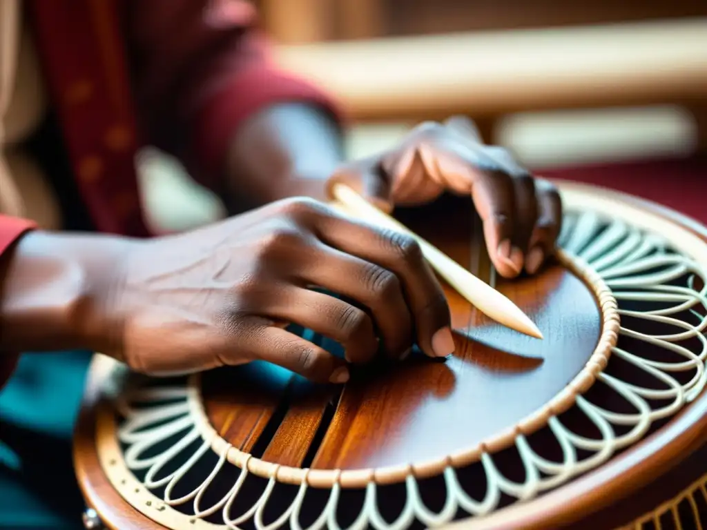 Un músico experto toca con destreza el Santur, un instrumento musical tradicional, resaltando la belleza y delicadeza de sus cuerdas y su artesanía