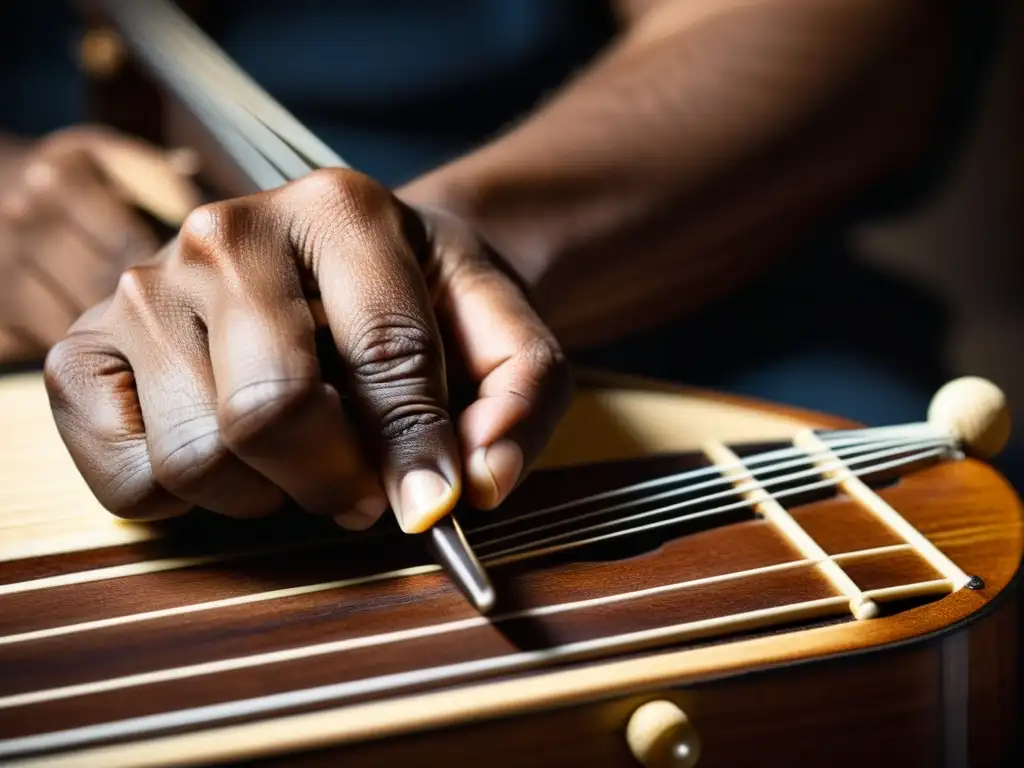 Un músico experto toca con destreza un sarod indio, mostrando refinamiento y profundidad en la música clásica