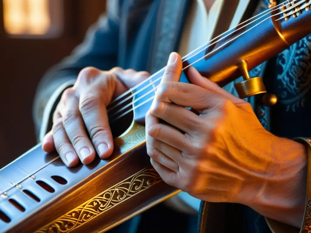 Un músico experto sostiene delicadamente un duduk armenio, con luz dorada, evocando siglos de sonido cultural