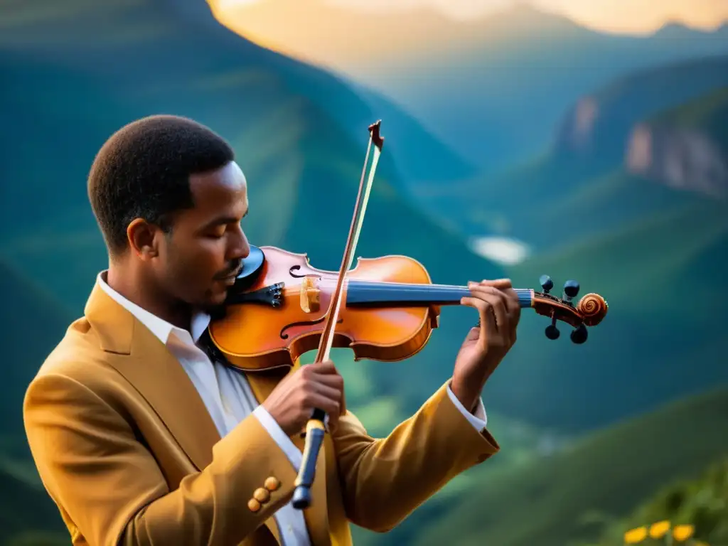 Un músico experto toca el dulcémele en un paisaje montañoso de América, evocando su rica herencia cultural