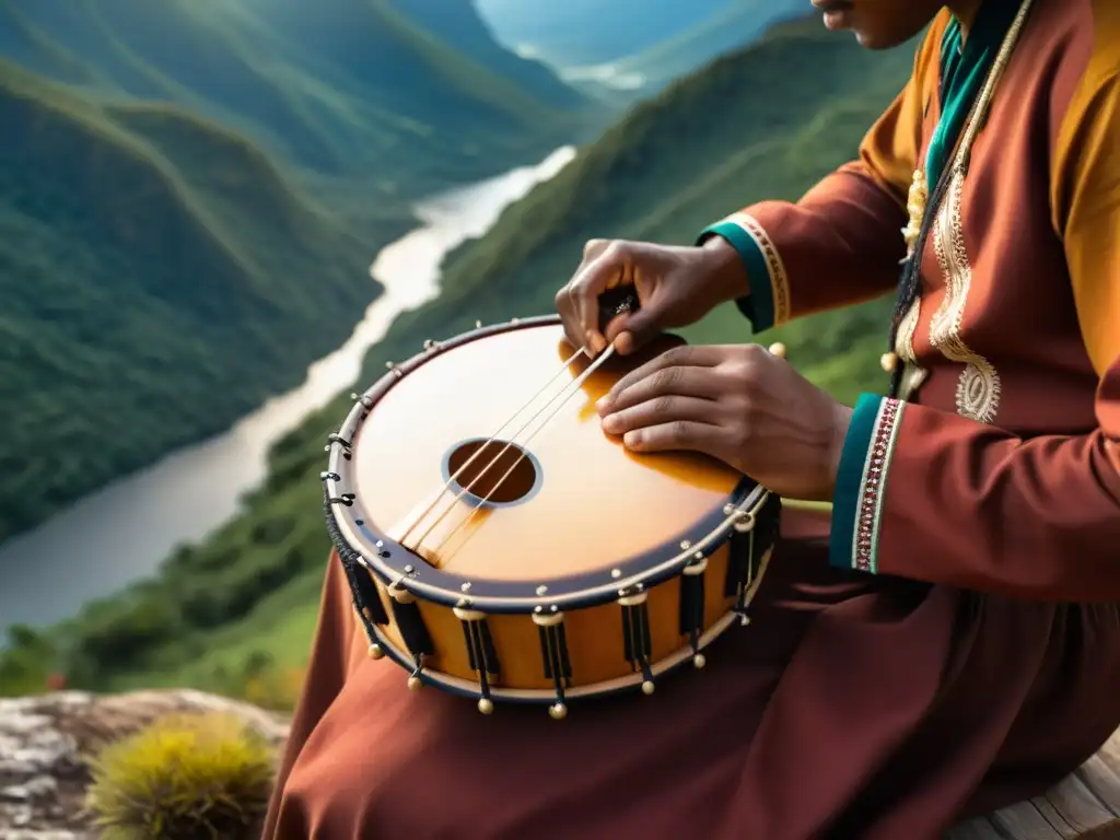 Un músico experto toca el dulcémele en un paisaje montañoso, evocando la rica herencia musical de las Américas