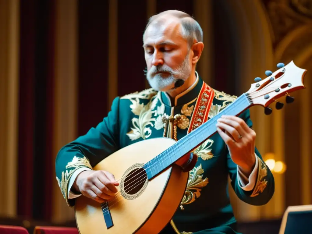 Un músico experto toca una balalaika en un elegante salón histórico, destacando la historia y sonido de la balalaika