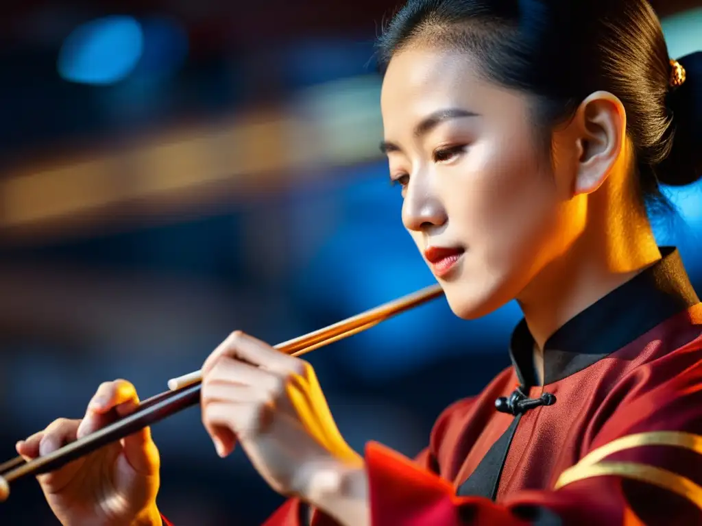 Un músico experto toca el erhu con destreza, sus manos se mueven sobre las cuerdas con intensa concentración