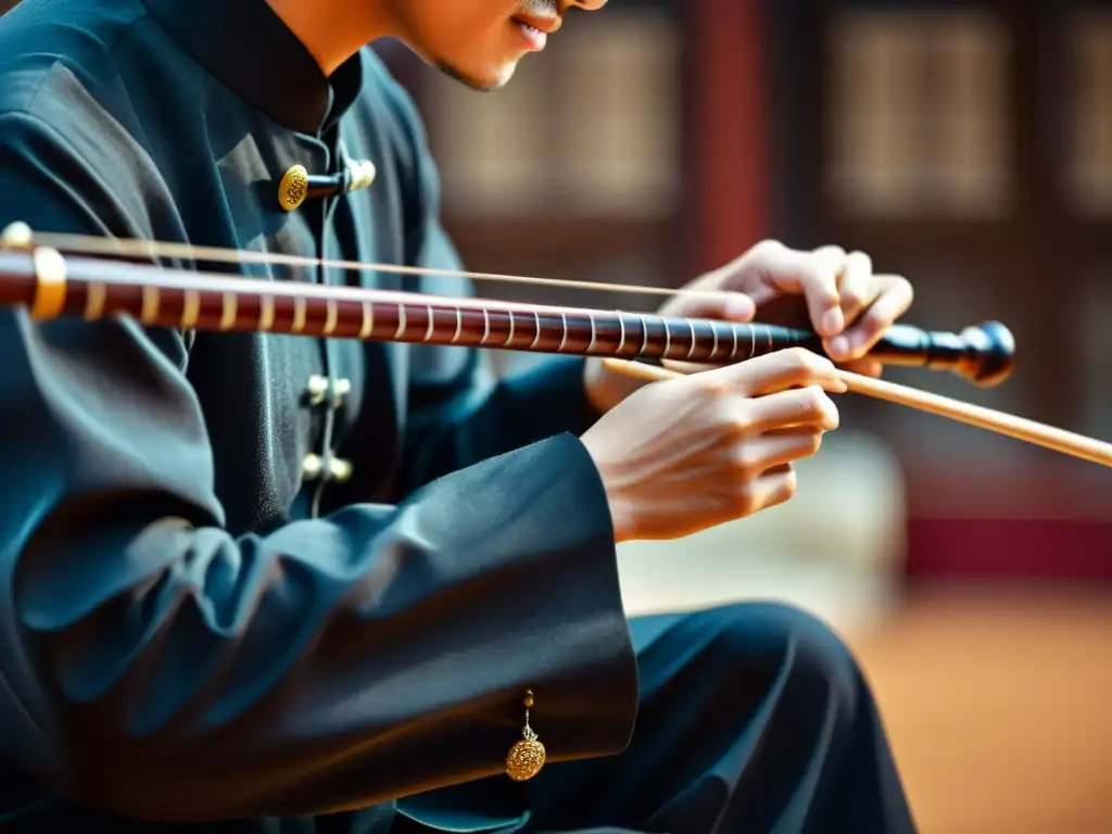Un músico experto toca el erhu, expresando la historia y sonido del erhu a través de sus manos hábiles y emotivas