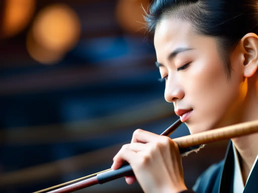 Un músico experto toca el erhu con intensa concentración, vistiendo atuendo tradicional chino