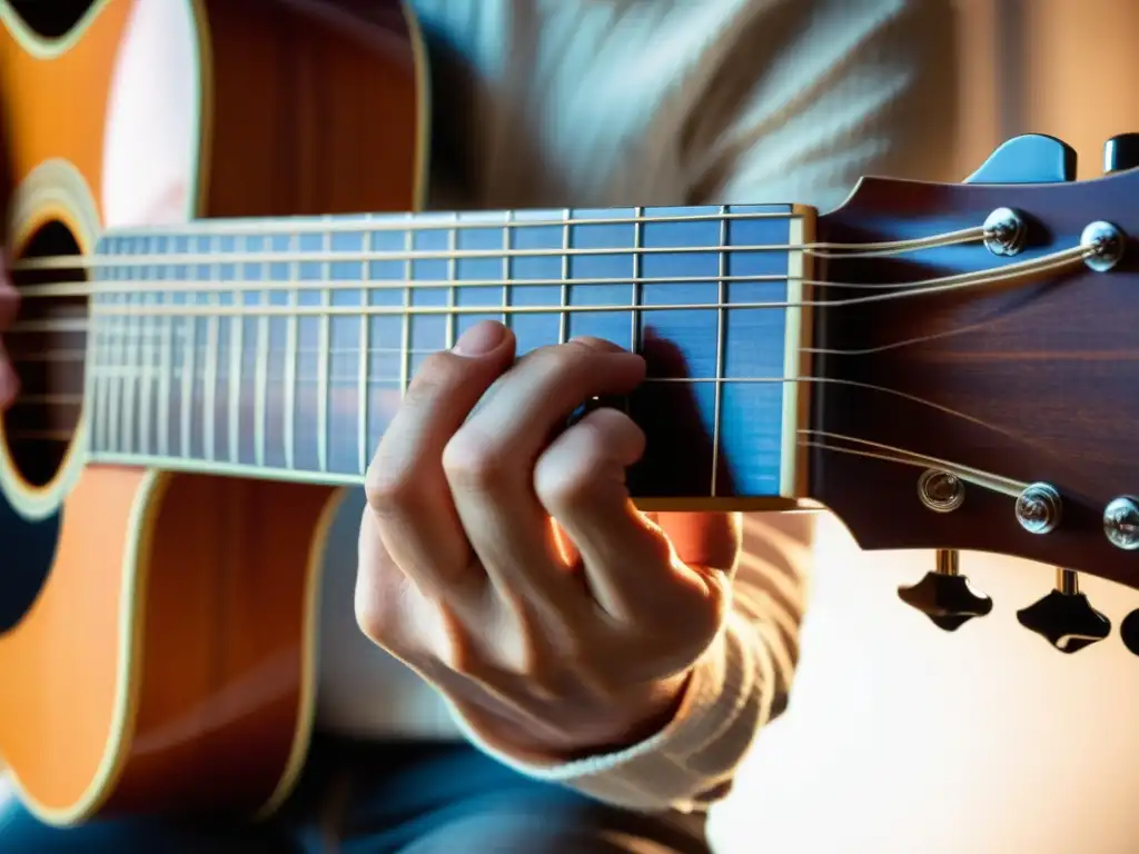 Un músico experto construyendo escalas para improvisar en la guitarra con destreza, iluminado por la cálida luz natural