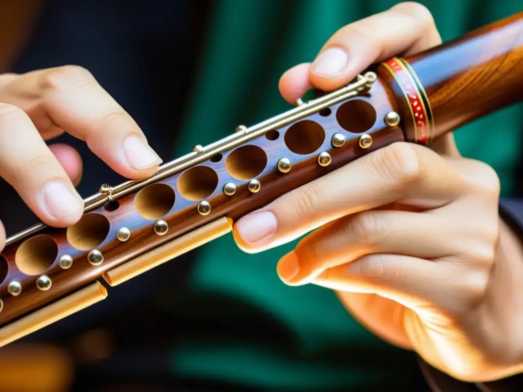 Maestría en el Picado: Detalles de Flautista Un músico experto toca la flauta dulce, mostrando técnicas de picado en la flauta dulce con destreza y precisión