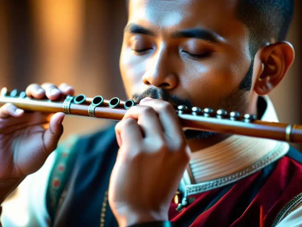 Maestro de la flauta tradicional: destreza y cultura Un músico experto toca una flauta de madera tradicional, destacando la artesanía y relevancia cultural de los instrumentos de viento