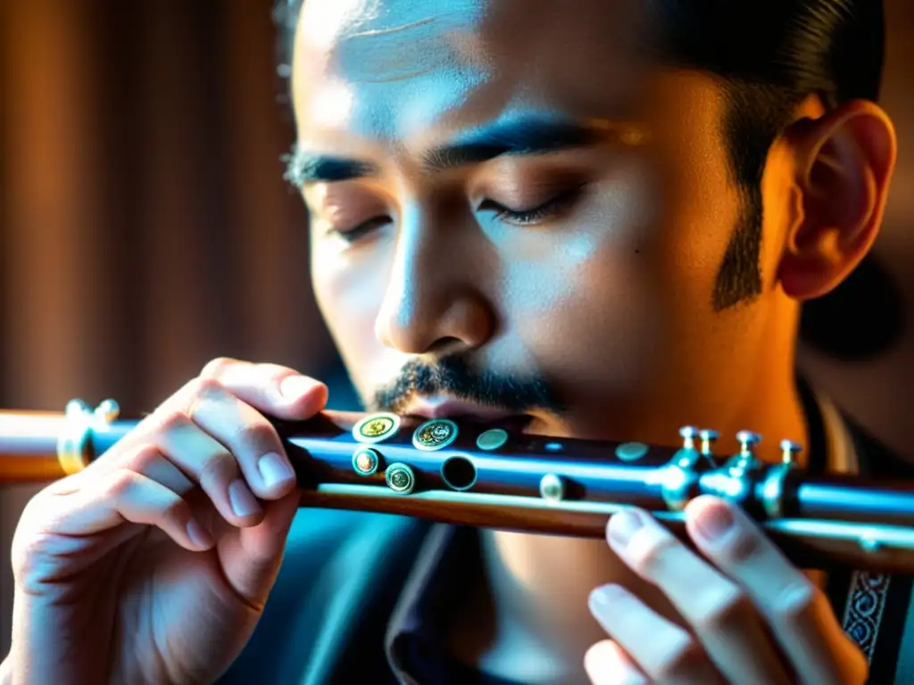 Maestro de la flauta de madera: detalle y destreza Un músico experto tocando una flauta de madera con destreza, rodeado de instrumentos musicales y equipo de grabación en un estudio cálido