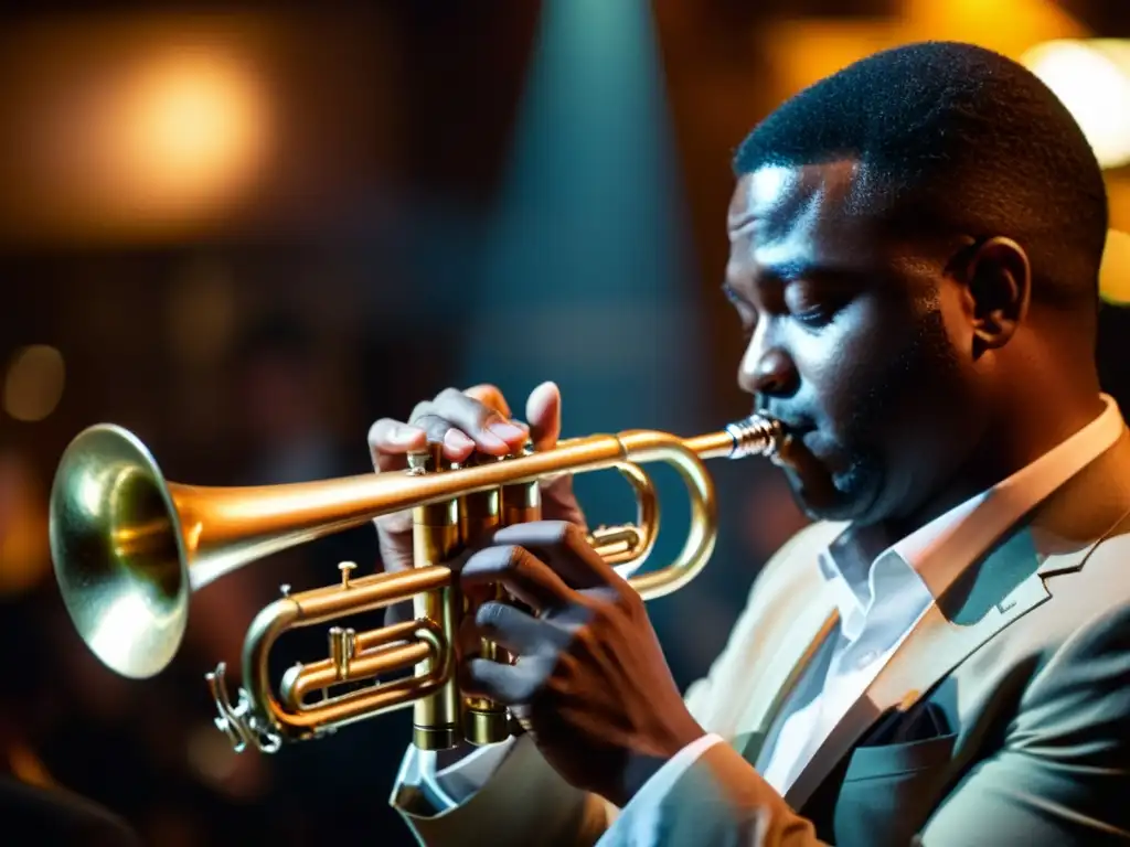 Un músico experto toca el fliscorno en un club de jazz con luz tenue, creando una atmósfera íntima y cautivadora