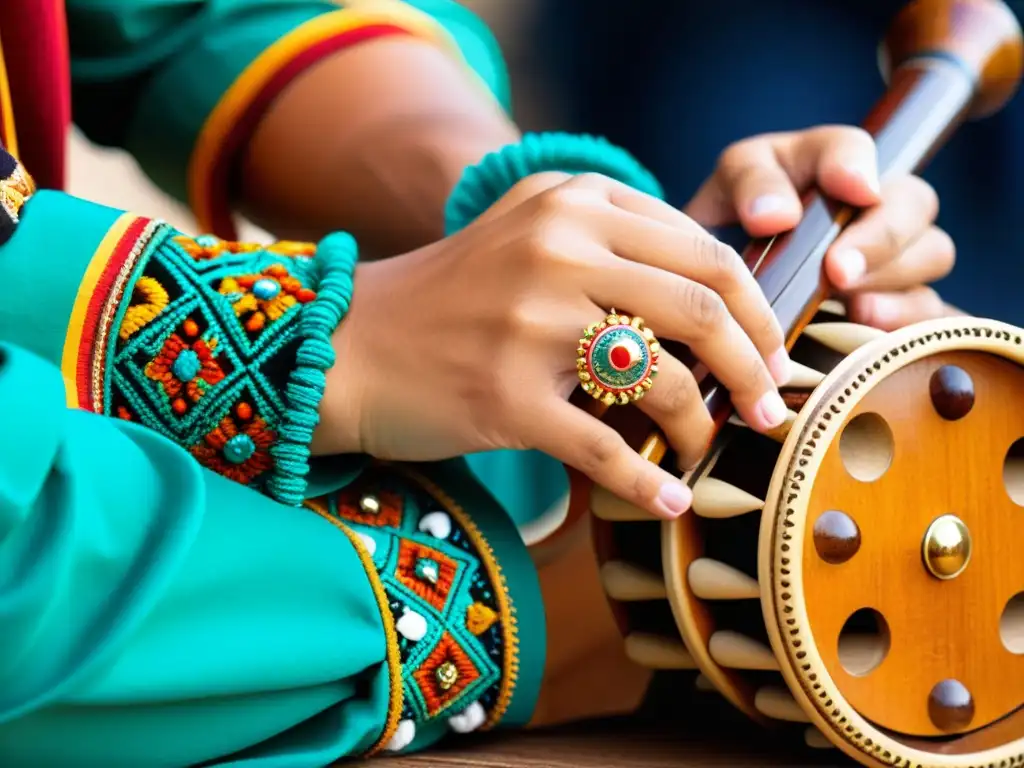 Un músico experto toca la gaita gallega, sus manos adornadas con joyas tradicionales