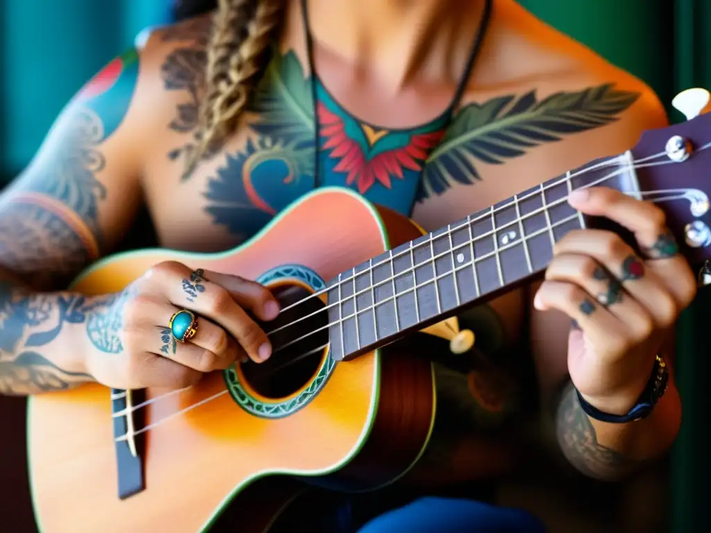 Un músico experto toca con pasión un ukelele en géneros inesperados, en un ambiente íntimo y cálido