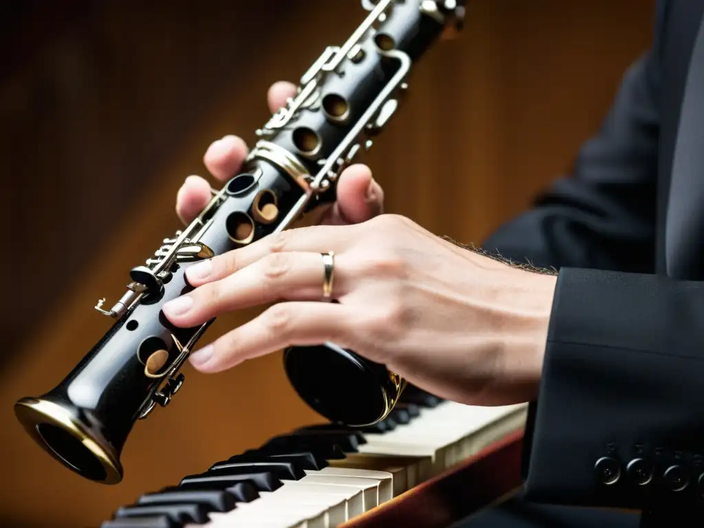 Un músico experto ejecuta con gracia el clarinete, mostrando una técnica legato impecable