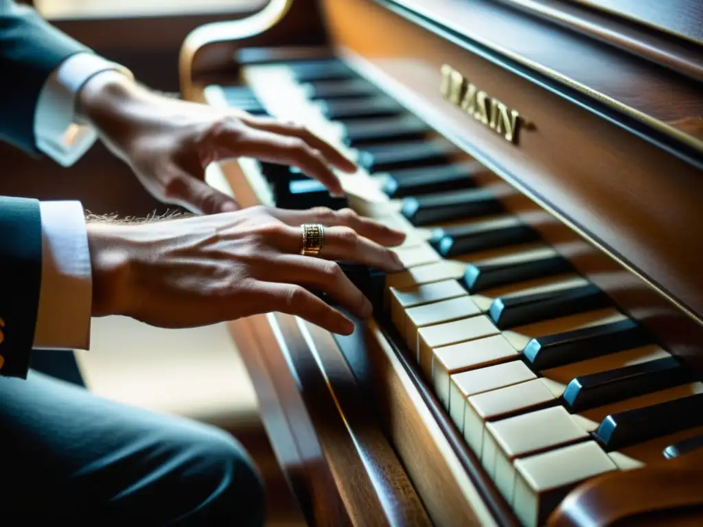 Un músico experto toca con gracia un teclado de piano vintage, transmitiendo la esencia artística y emotiva del cine