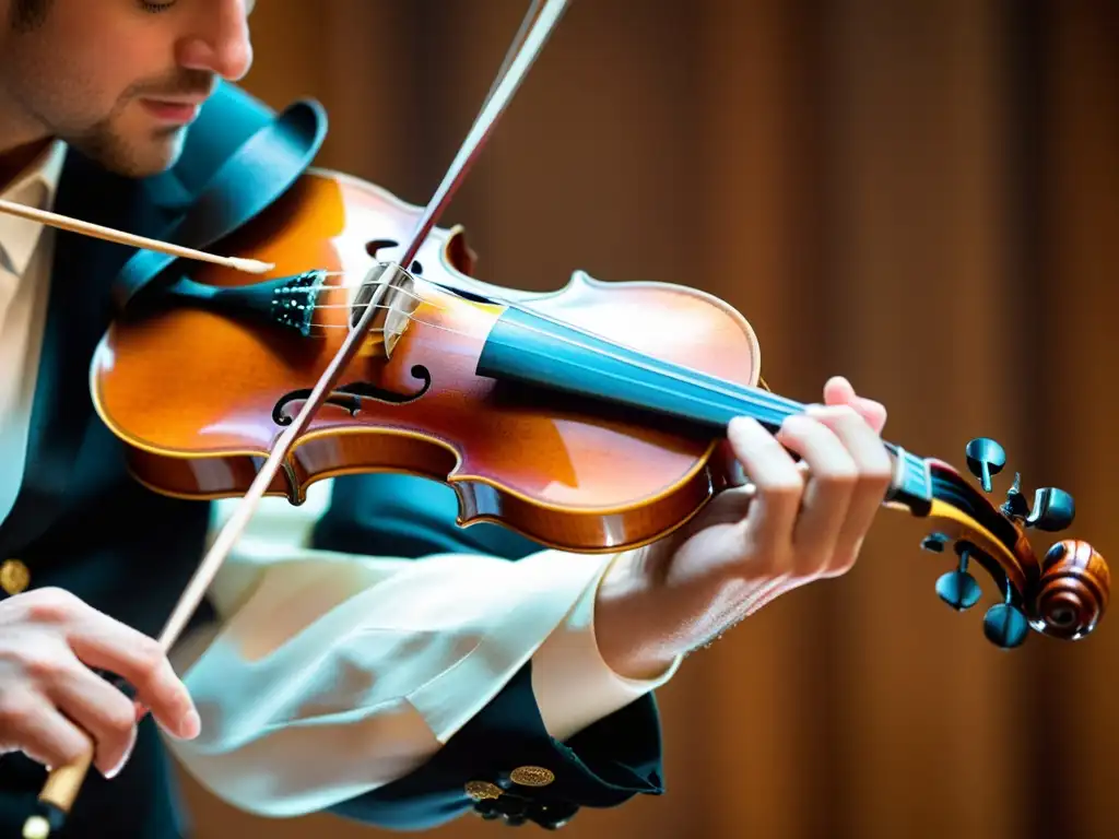 Un músico experto toca con gracia su violín en una atmósfera cálida y apasionada, evocando la música celta