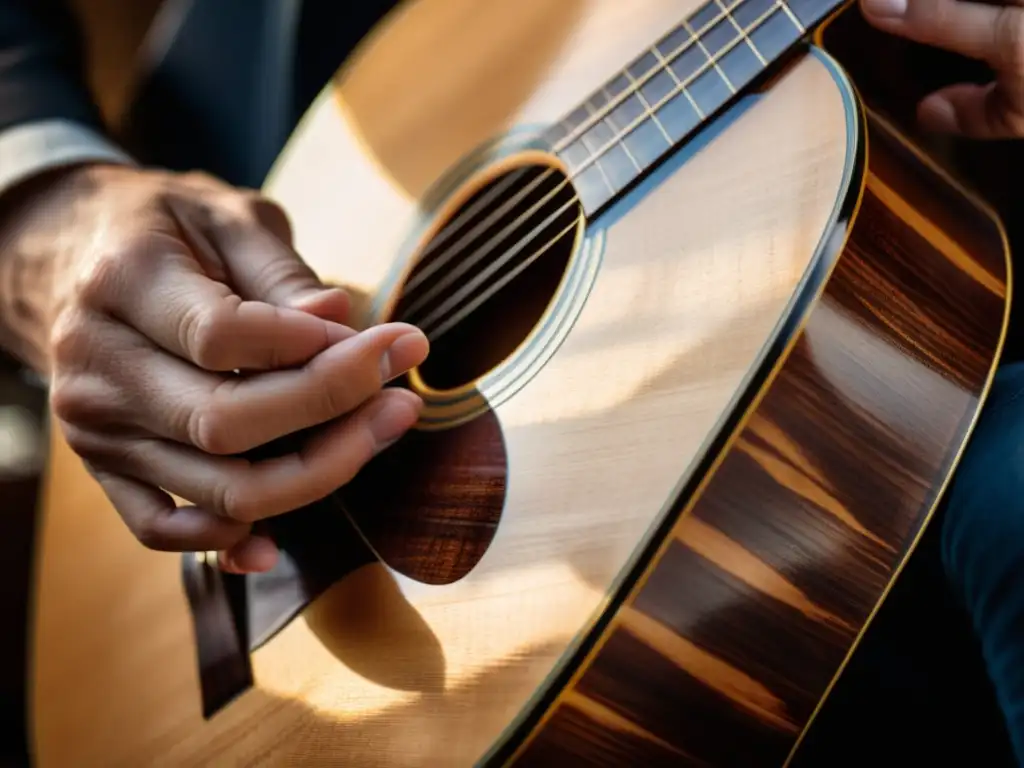 Un músico experto toca una guitarra acústica en el Festival de Cambridge música tradicional, sus manos muestran la destreza y pasión por la música