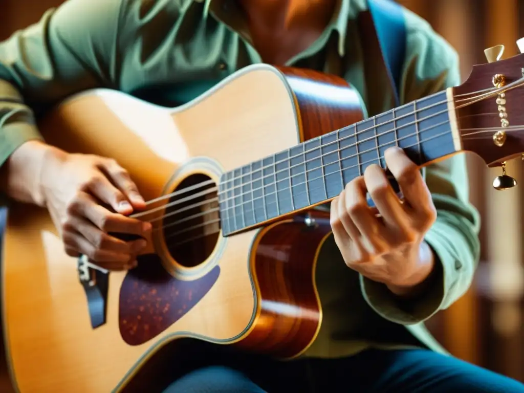 Un músico experto toca una guitarra barítono, destacando sus detalles e historia