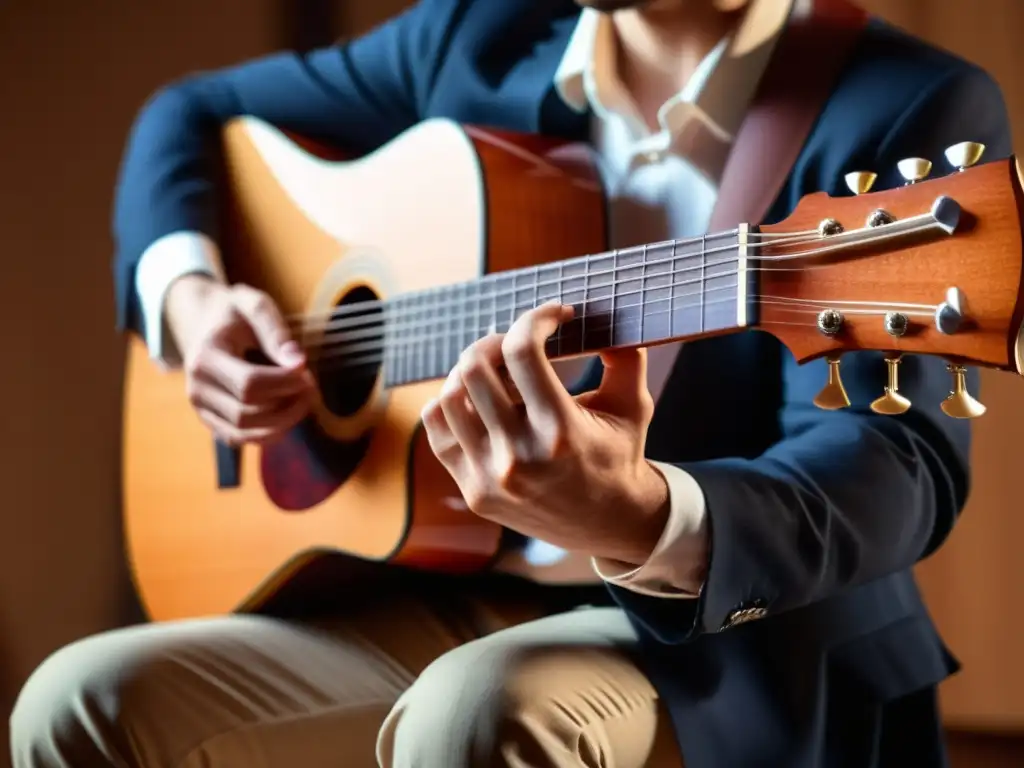 Un músico experto toca una guitarra clásica con destreza, iluminado por cálidas luces de escenario