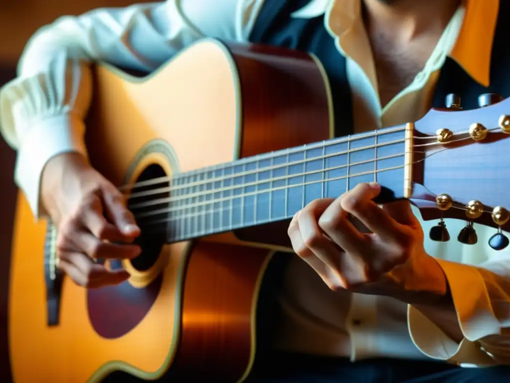 Un músico experto toca una guitarra española, exudando arte y tradición en un íntimo y cálido ambiente