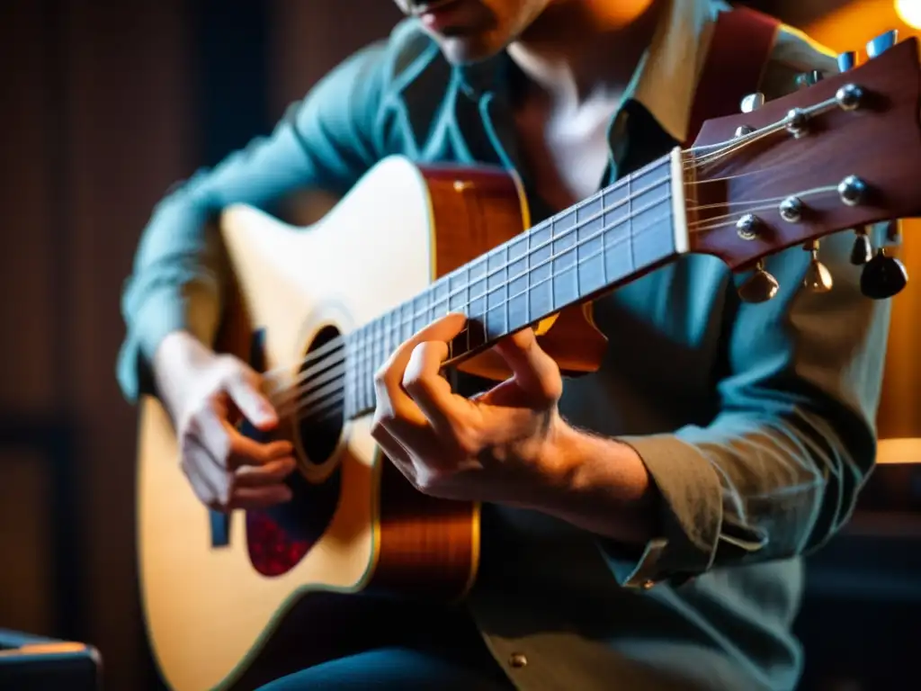 Un músico experto tocando la guitarra en un estudio de grabación, transmitiendo pasión y destreza